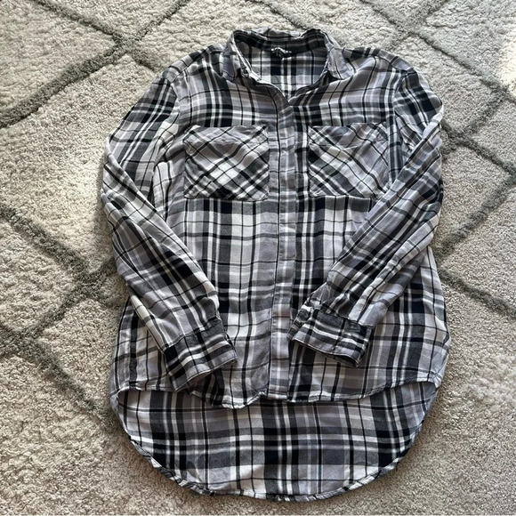 Express flannel plaid shirt button front black white gray oversized XS - Picture 4 of 10